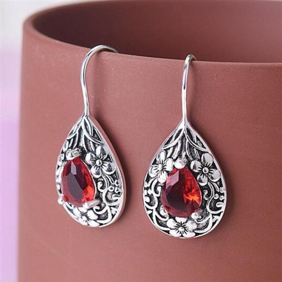 Women's Earring Artificial Red Ruby Drop Earrings 925 Silver Plated Boho Style - Picture 6 of 6
